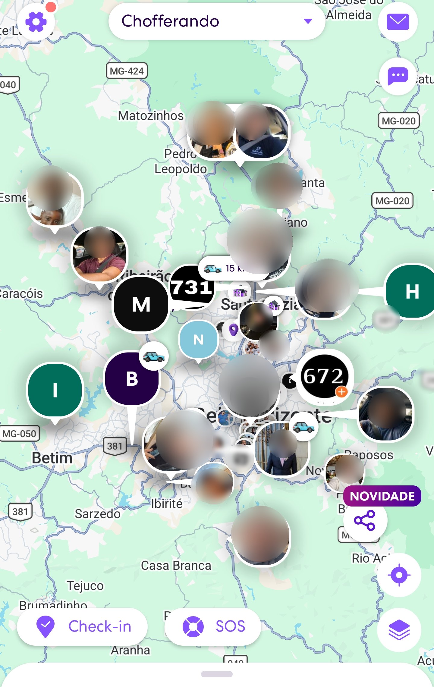 Mapa com motoristas espalhados por BH (imagem protegida)